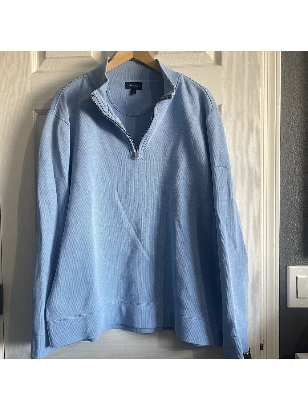 Façonnable Mens XL 1/4 Zip Pullover Sweater Light Baby Blue 100% Cotton Spellout
